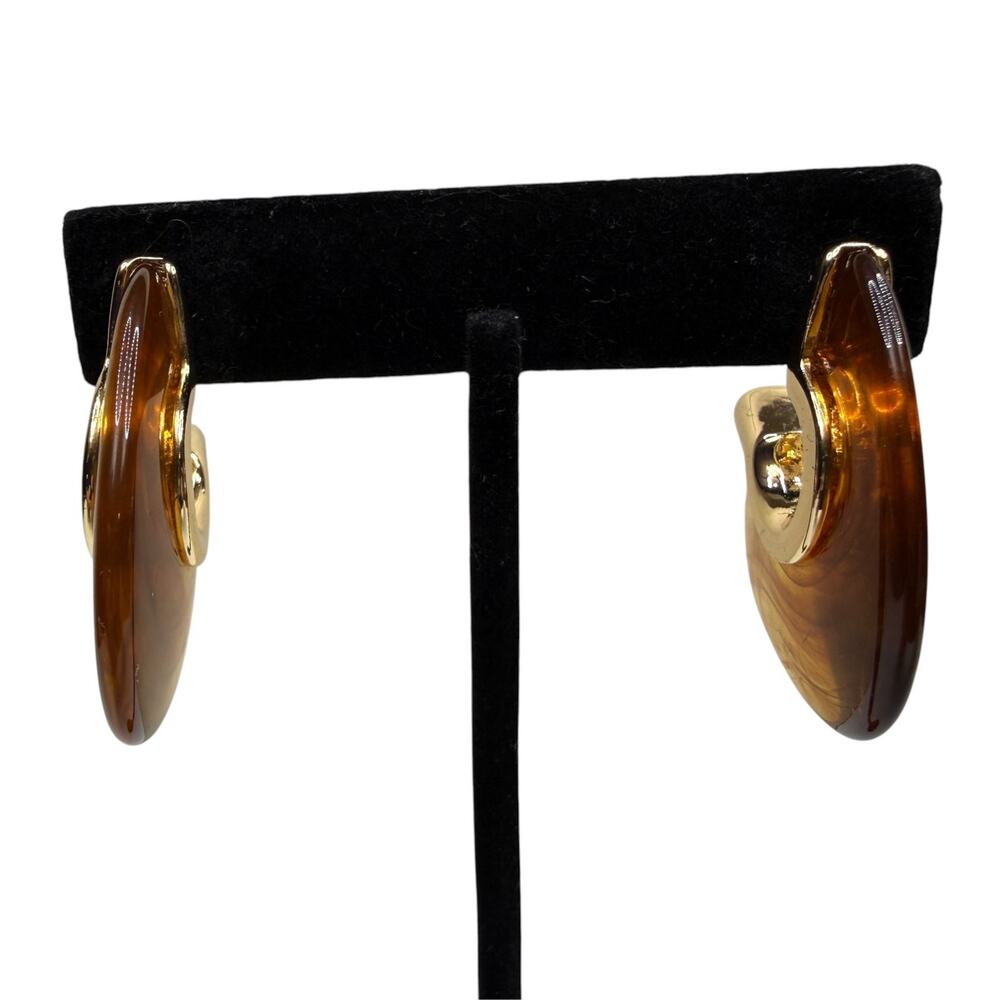Vintage Style Brown Gold Tone Tortoise Shell Swirl Open Hoop Stud Earrings 1.5"
